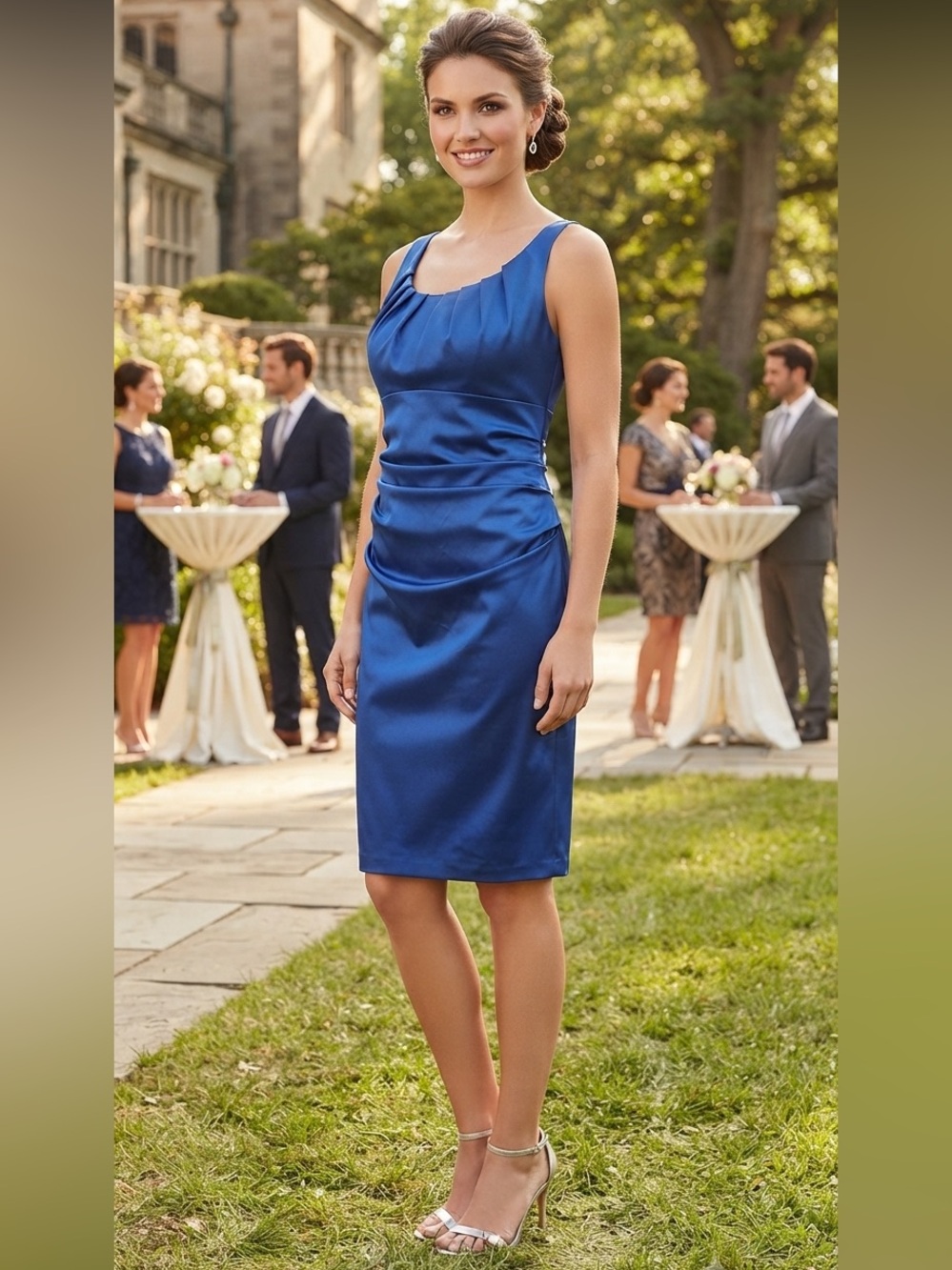 Suzi Chin ruched blue satin dress 14